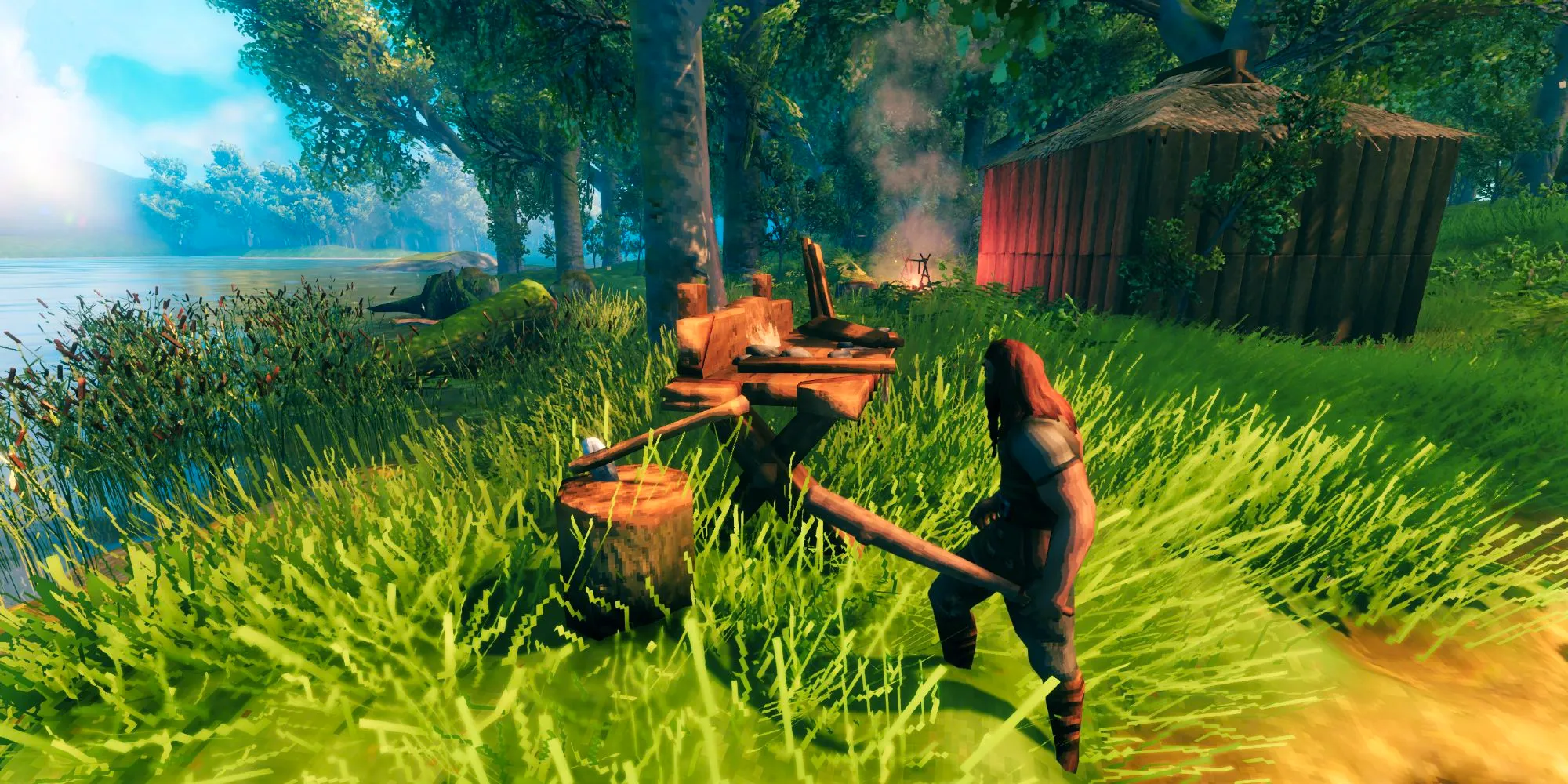 Valheim Male Player Using Chopping Block Workbench Upgrade Near Shoreline Image