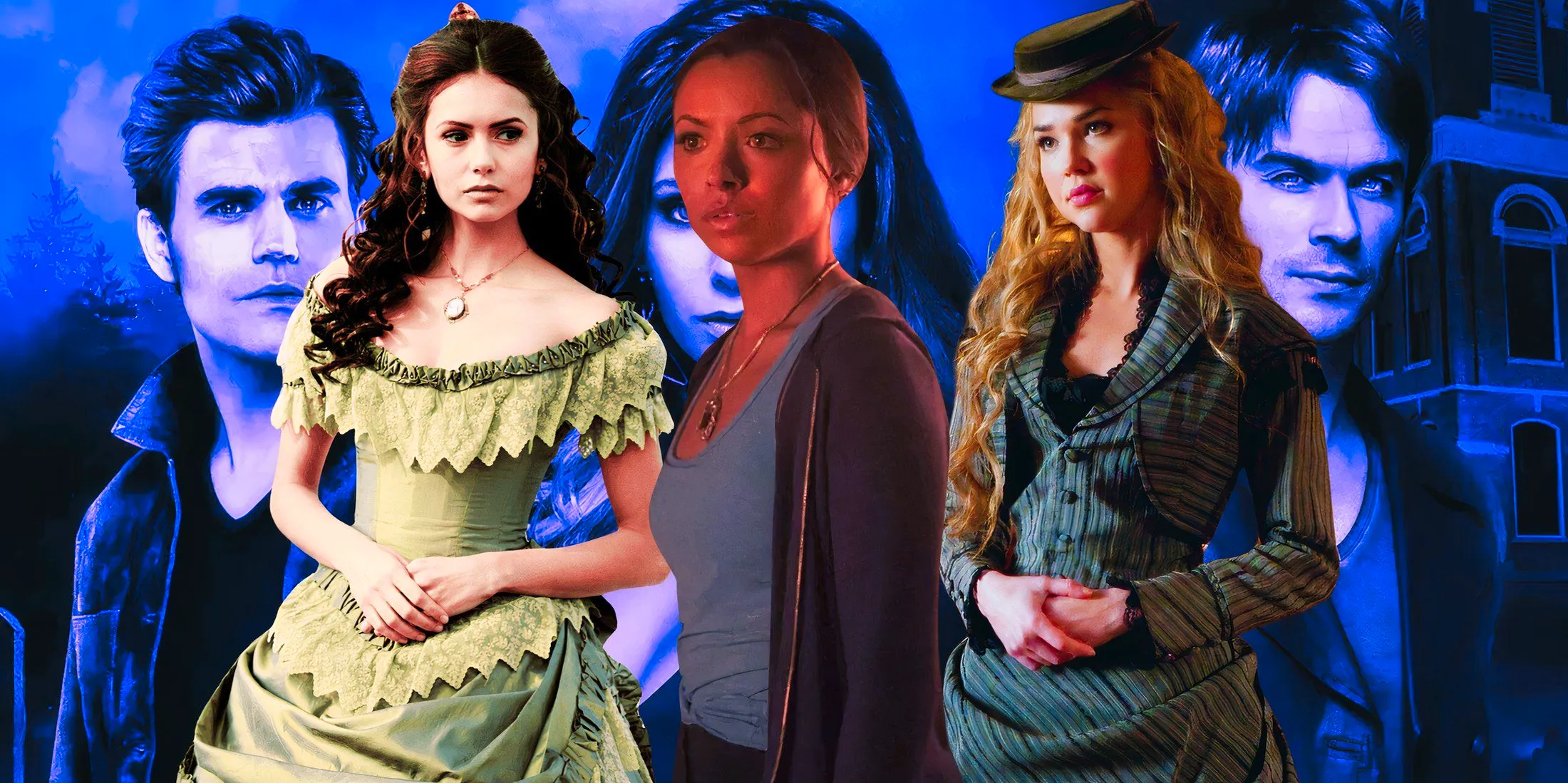 Vampire Diaries characters Lexi, Bonnie, and Katherine over a promotional image of Stefan, Elena, and Damon Image