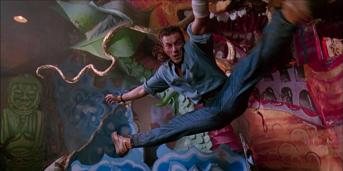 Van Damme Spin Kicking The Bad Guy In Hard Target Image