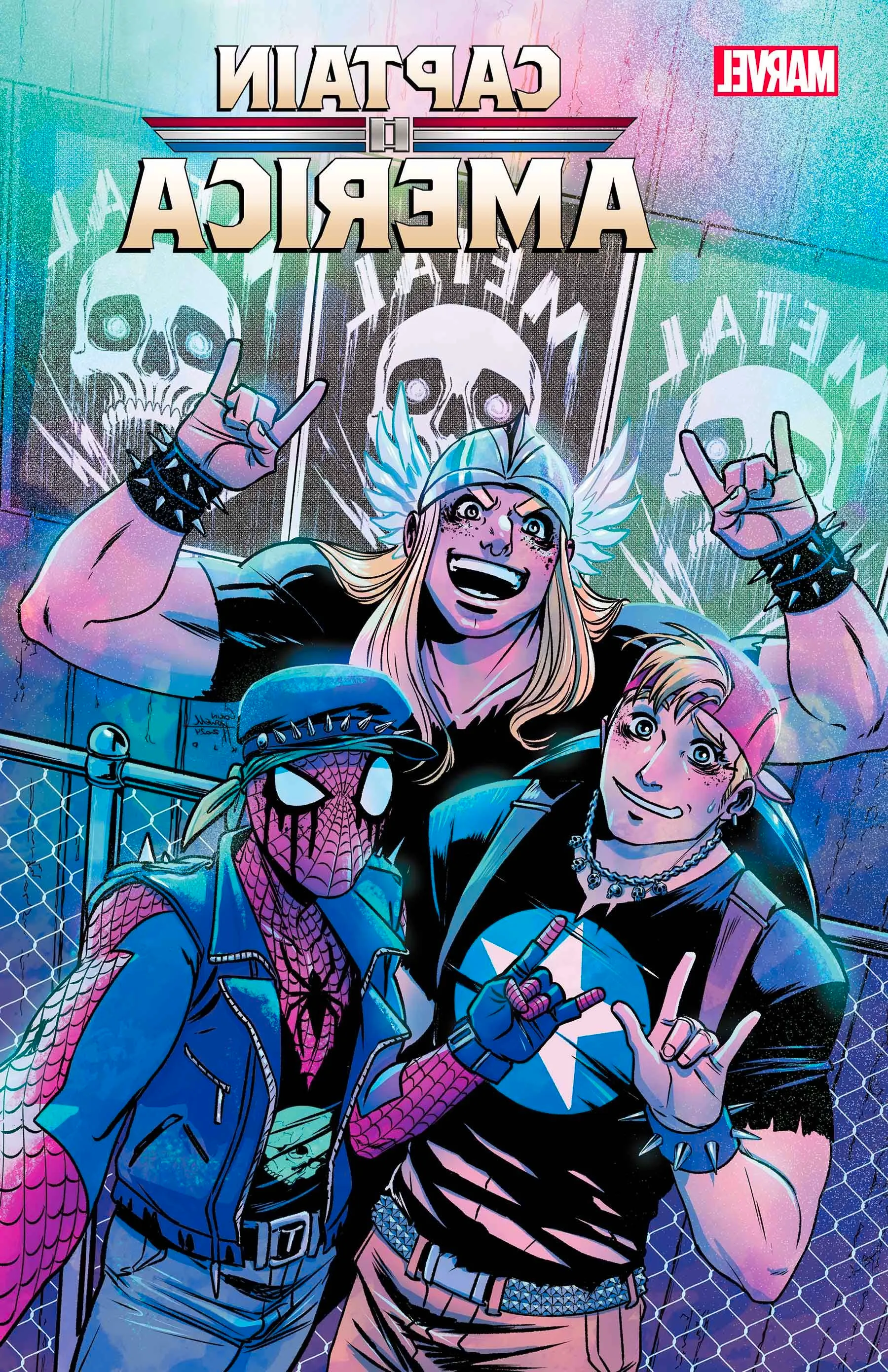 Variant cover featuring Steve Rogers, Thor, and Spider-Man attending a heavy metal concert, decked out in spikes, ripped clothes, and heavy eyeliner. Steve looks nervous. Image