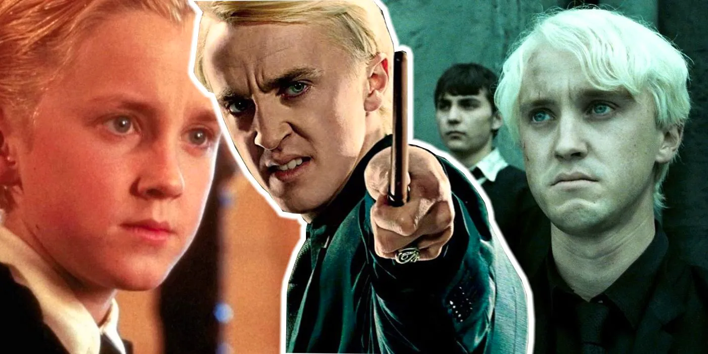 Various images of Tom Felton's Draco Malfoy from the Harry Potter movies. Image