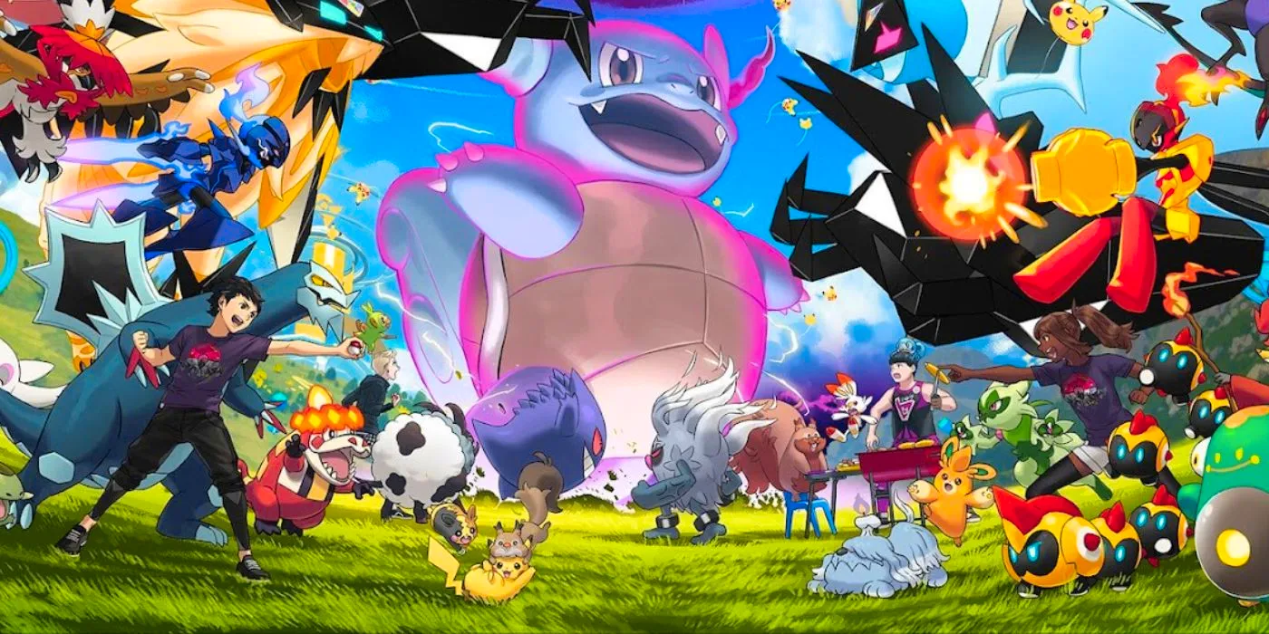 Various Pokemon about to battle around the feet of a Gigantamax Wartortle Image