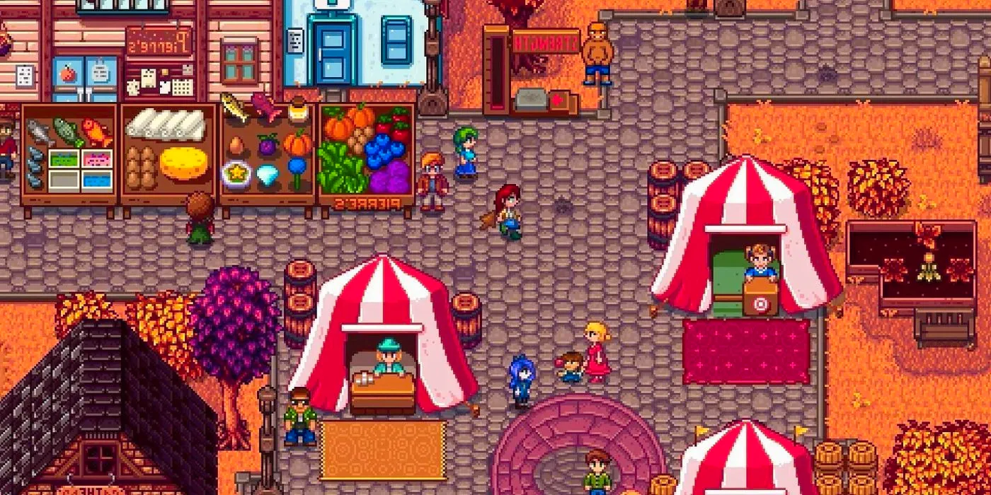 Various tents and characters walking around the Stardew Valley fair. Image