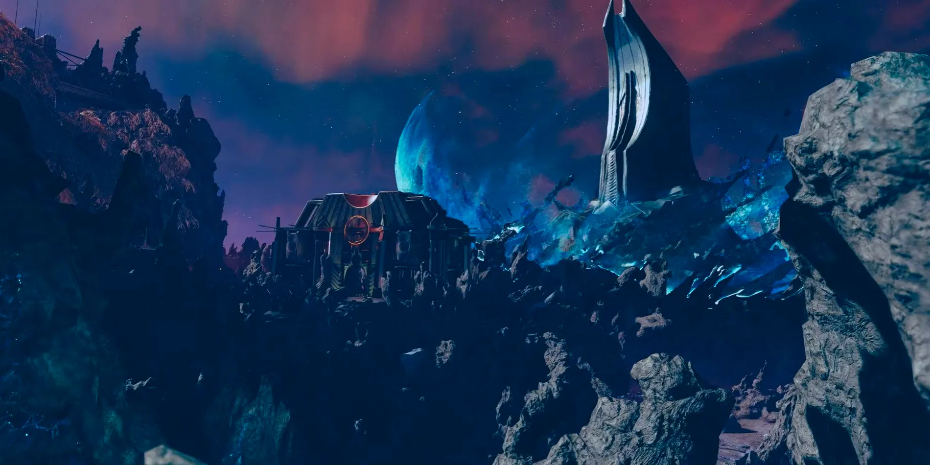 Va'ruun city with a blue glow around it from Starfield: Shattered Space.  Image