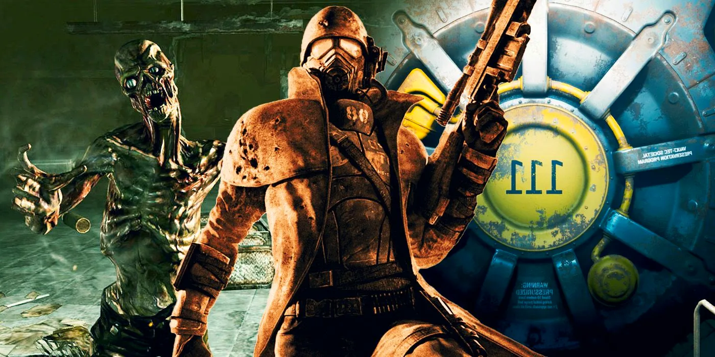 Vault 111 from Fallout 4, an NCR Ranger from Fallout New Vegas, and a ghoul from Fallout 3. Image