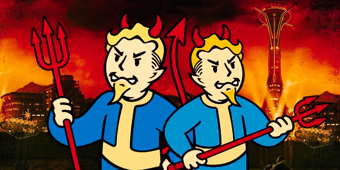 Vault Boy looking evil in front of a view of the Strip from Fallout New Vegas. Image