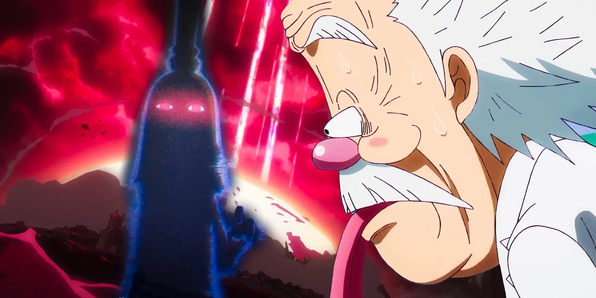 Vegapunk looking shocked at the silhouette of imu against a backdrop of the destruction of lulusia in one piece Image