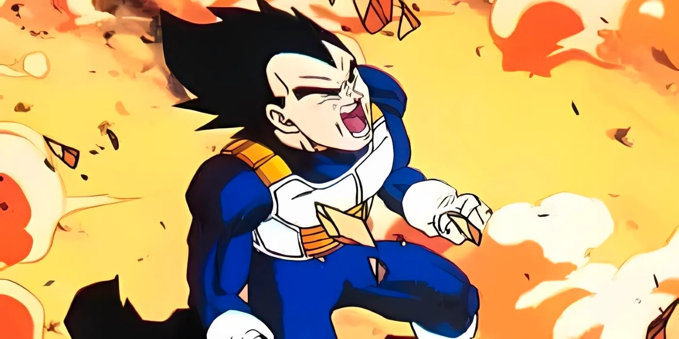 Vegeta cries in rage about Trunk's death and powers up to attack Cell.  Image