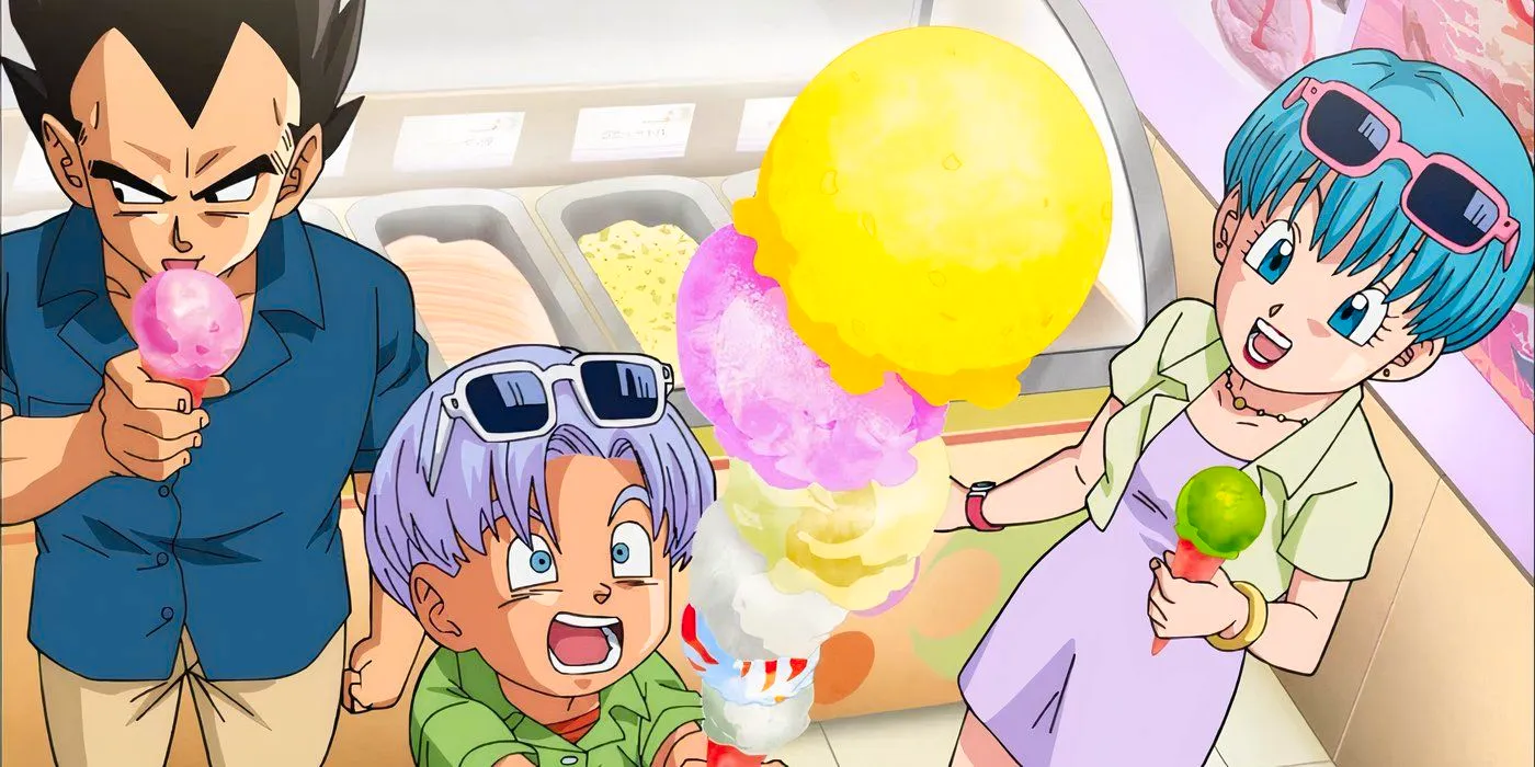 Vegeta, Trunks, Bulma eating ice cream at the amusement park. Image