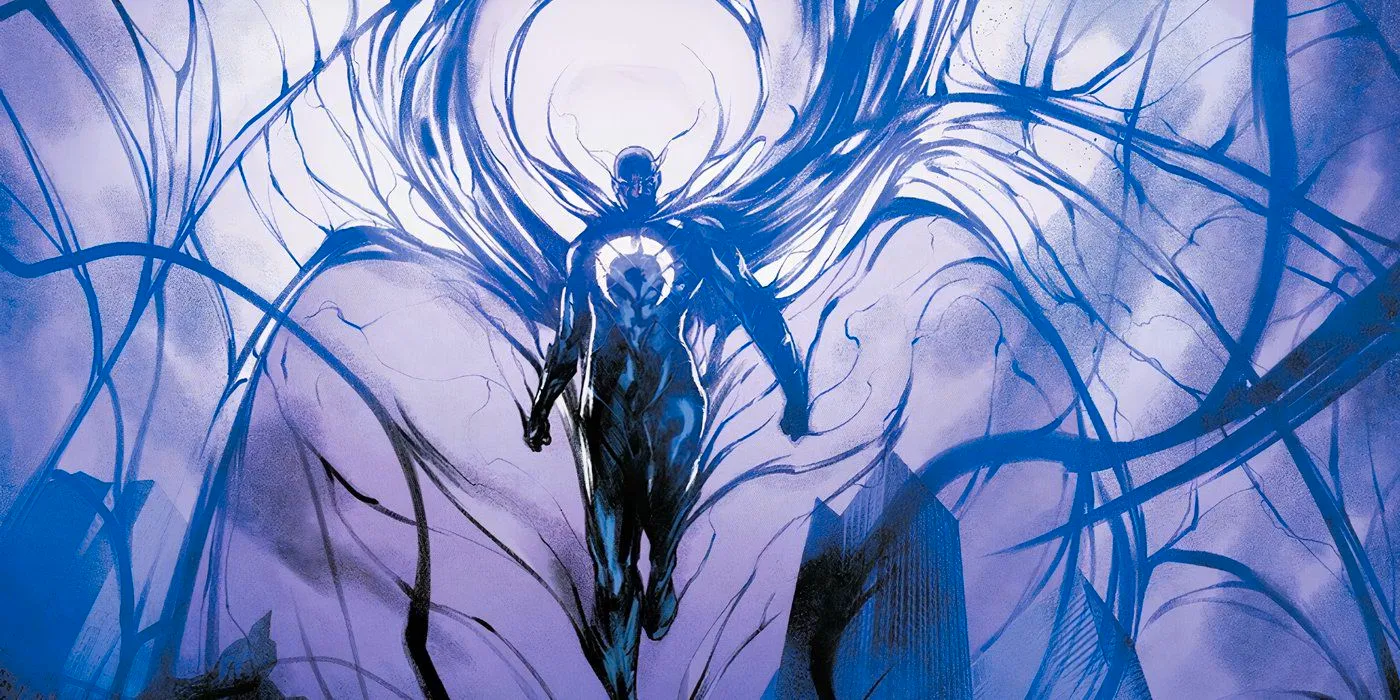 Vengeance Moon Knight #4, the Shroud descends from a purple sky with black tendrils all around. Image