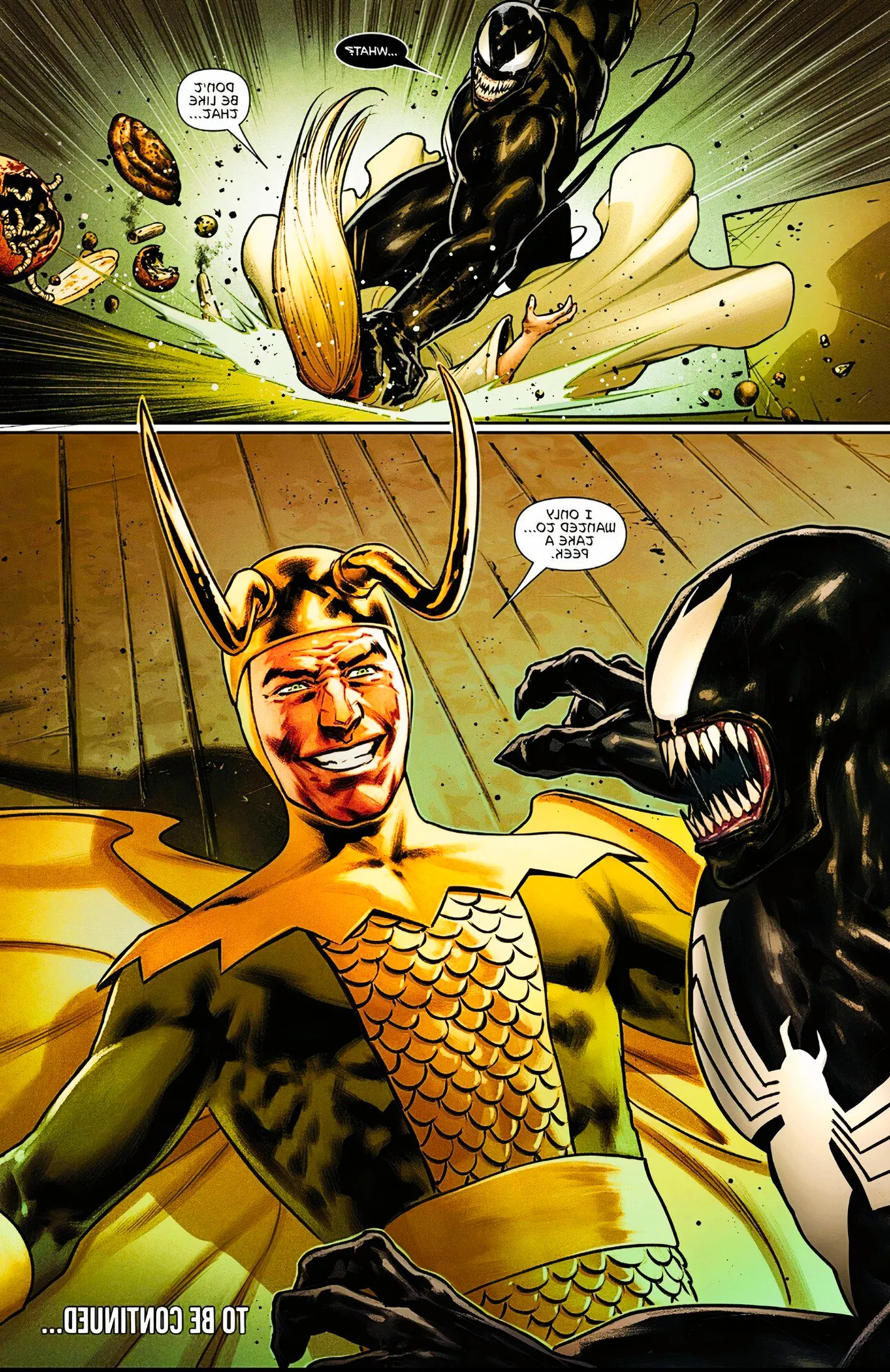 Venom #38, the classic villainous incarnation of Loki reveals himself to Venom Image