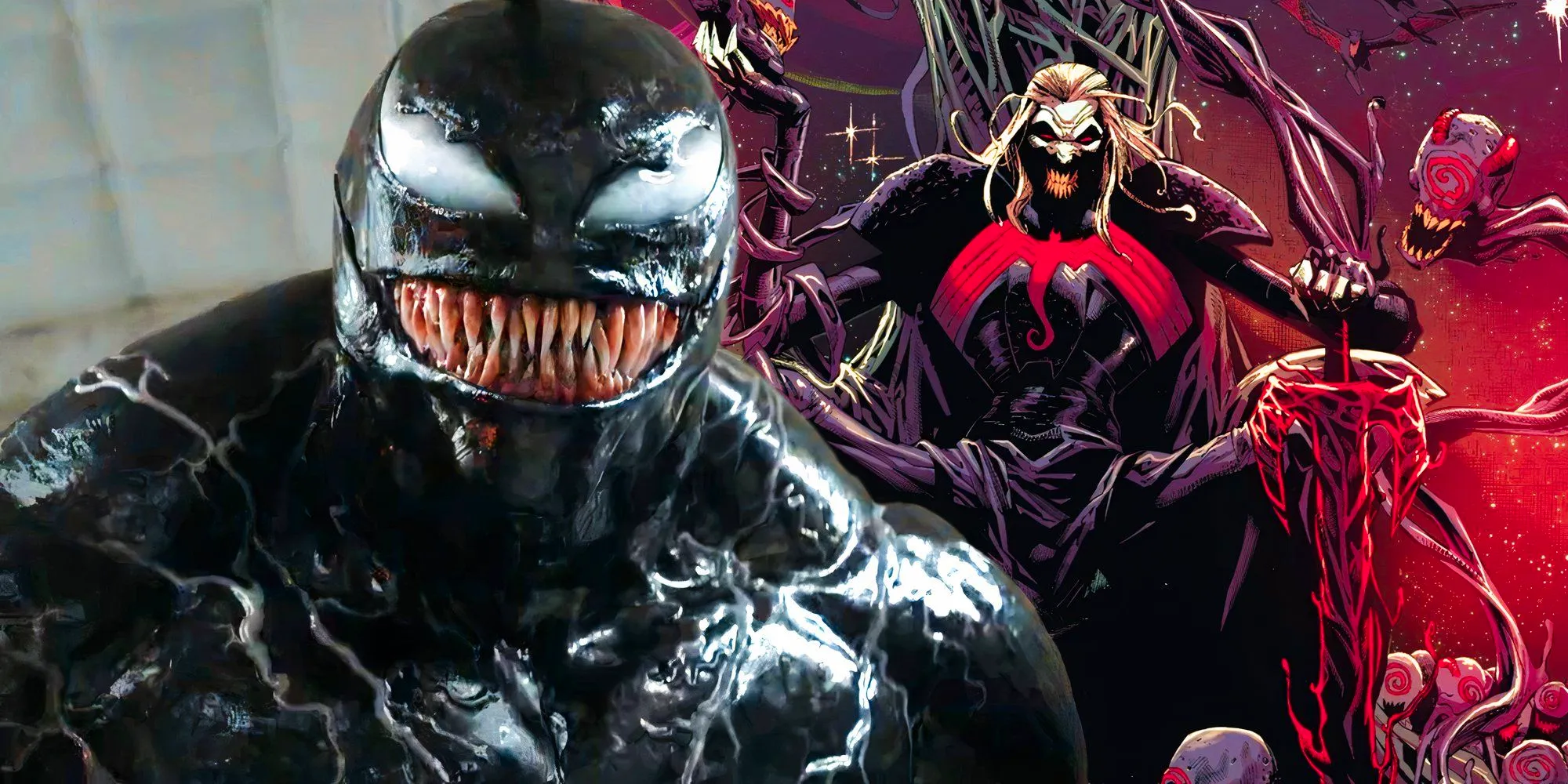 Venom as seen in Venom: The Last Dance (2024) next to artwork of Knull from Marvel Comics Image