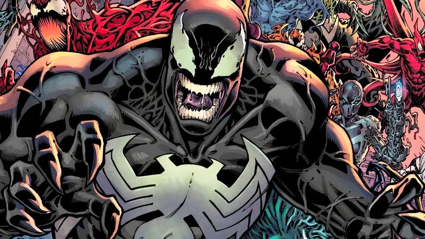 Venom (foreground) with all of Marvel's other symbiotes in the background. Image