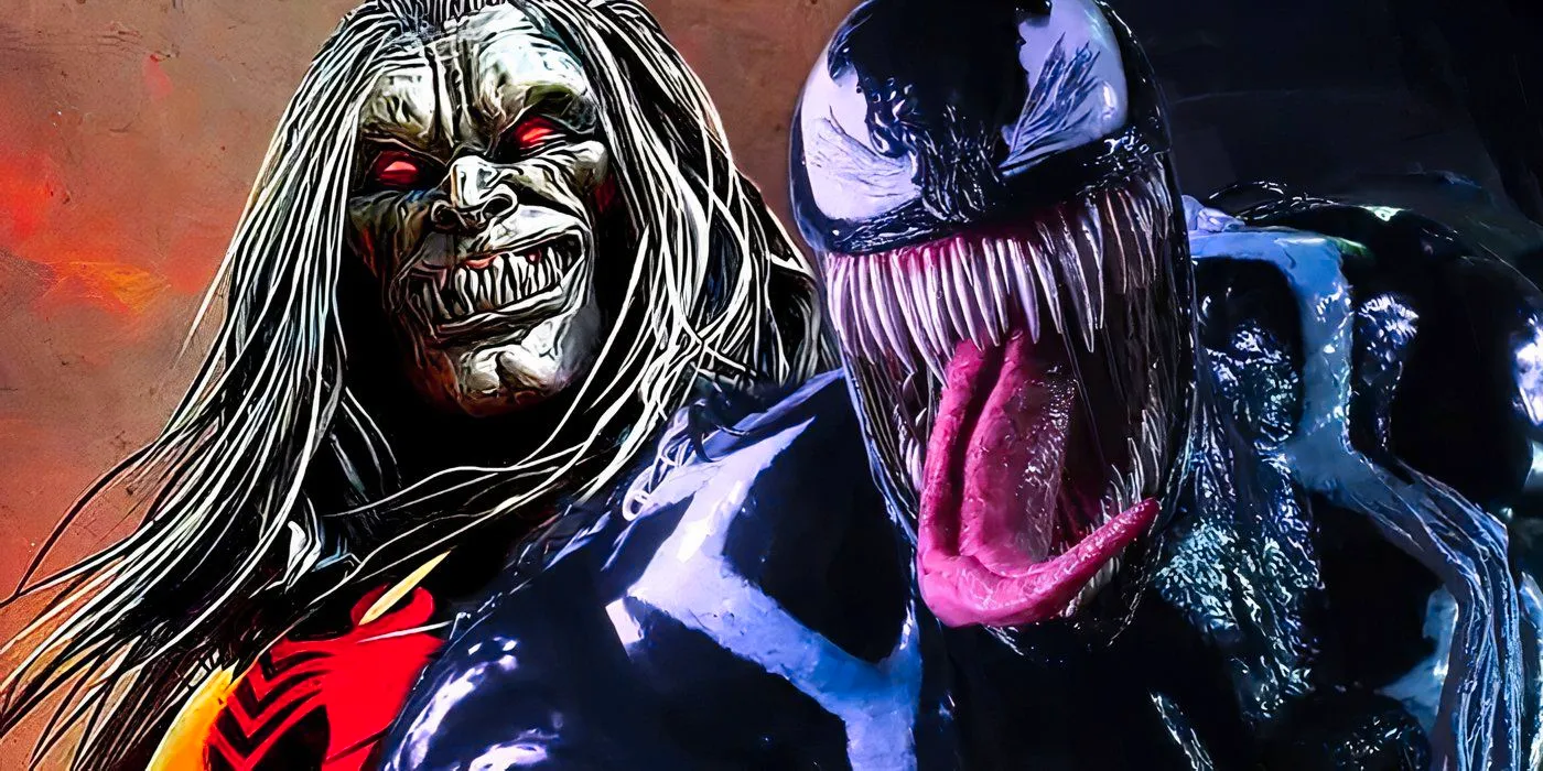 Venom from Marvel's Spider-Man 2 with Knull, the King in Black, behind him. Image