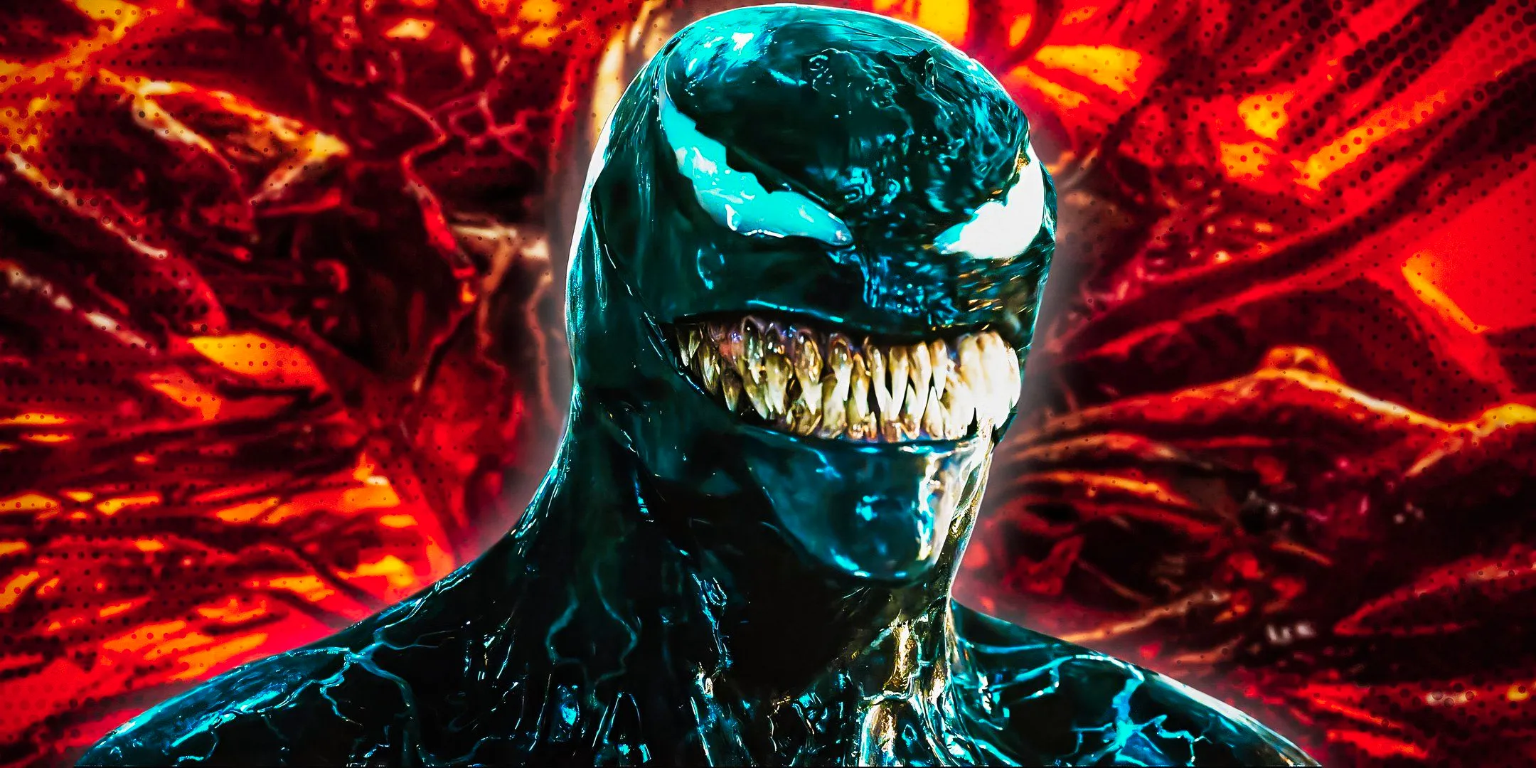 Venom from the Venom movies in front of a red background Image