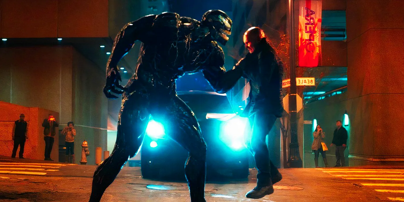 Venom holding up a villain in Venom Image