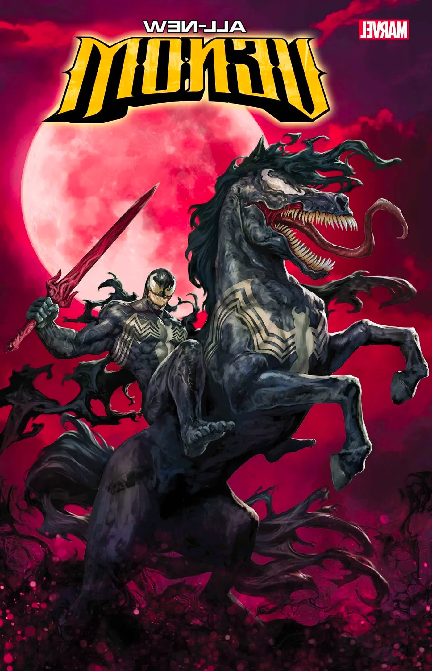 Venom Riding the Venom Horse, Brandishing a Blood-Red Sword with a Blood Moon in the Background Image