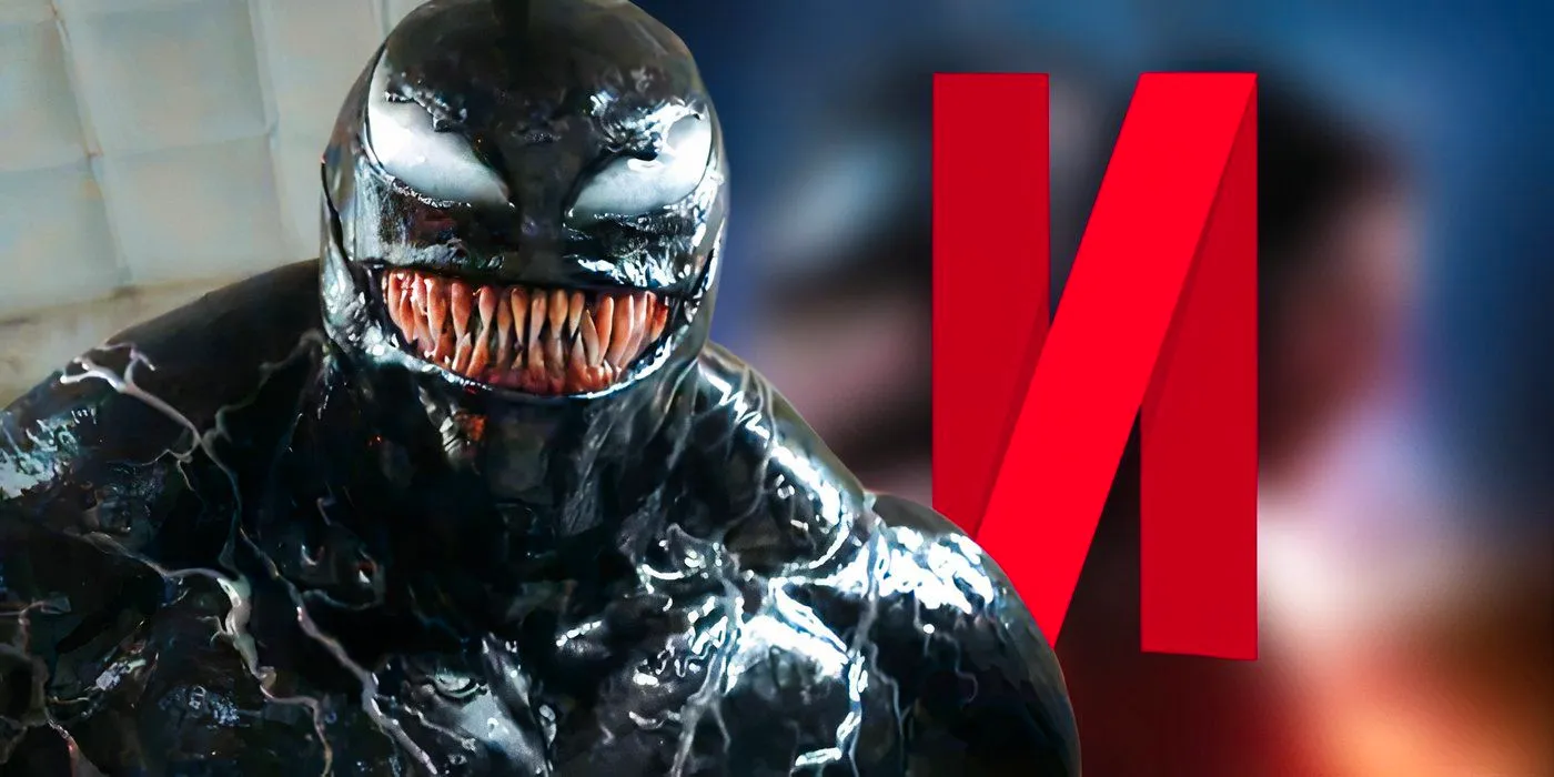 Venom smiling in Venom (2018) next to the Netflix logo atop a blurred poster of Venom: The Last Dance (2024) Image