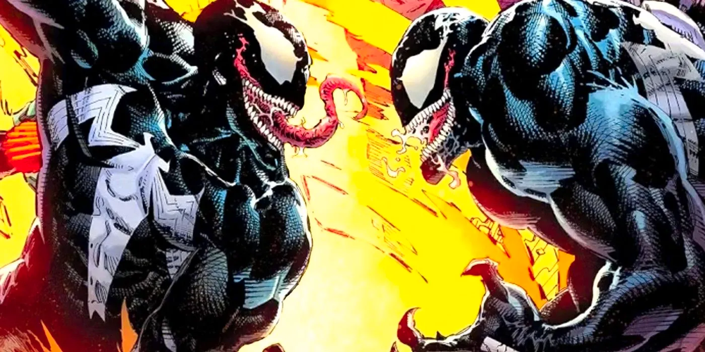 Venom vs. Venom against a fiery backdrop, prom imagine for upcoming Venom War Image