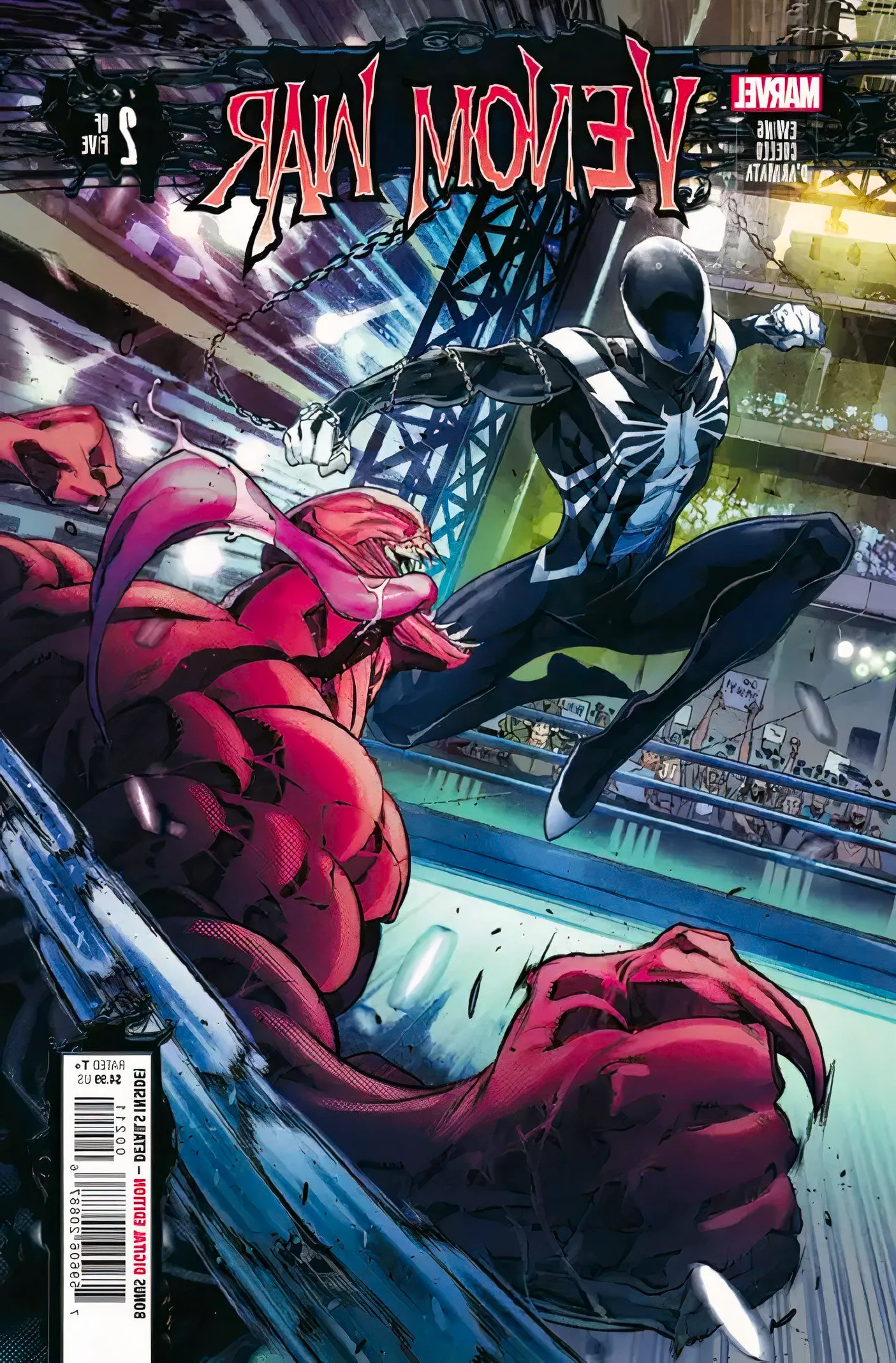 Venom War #2 cover, featuring Peter Parker in the symbiote suit launching himself at a massive red symbiote opponent. Image