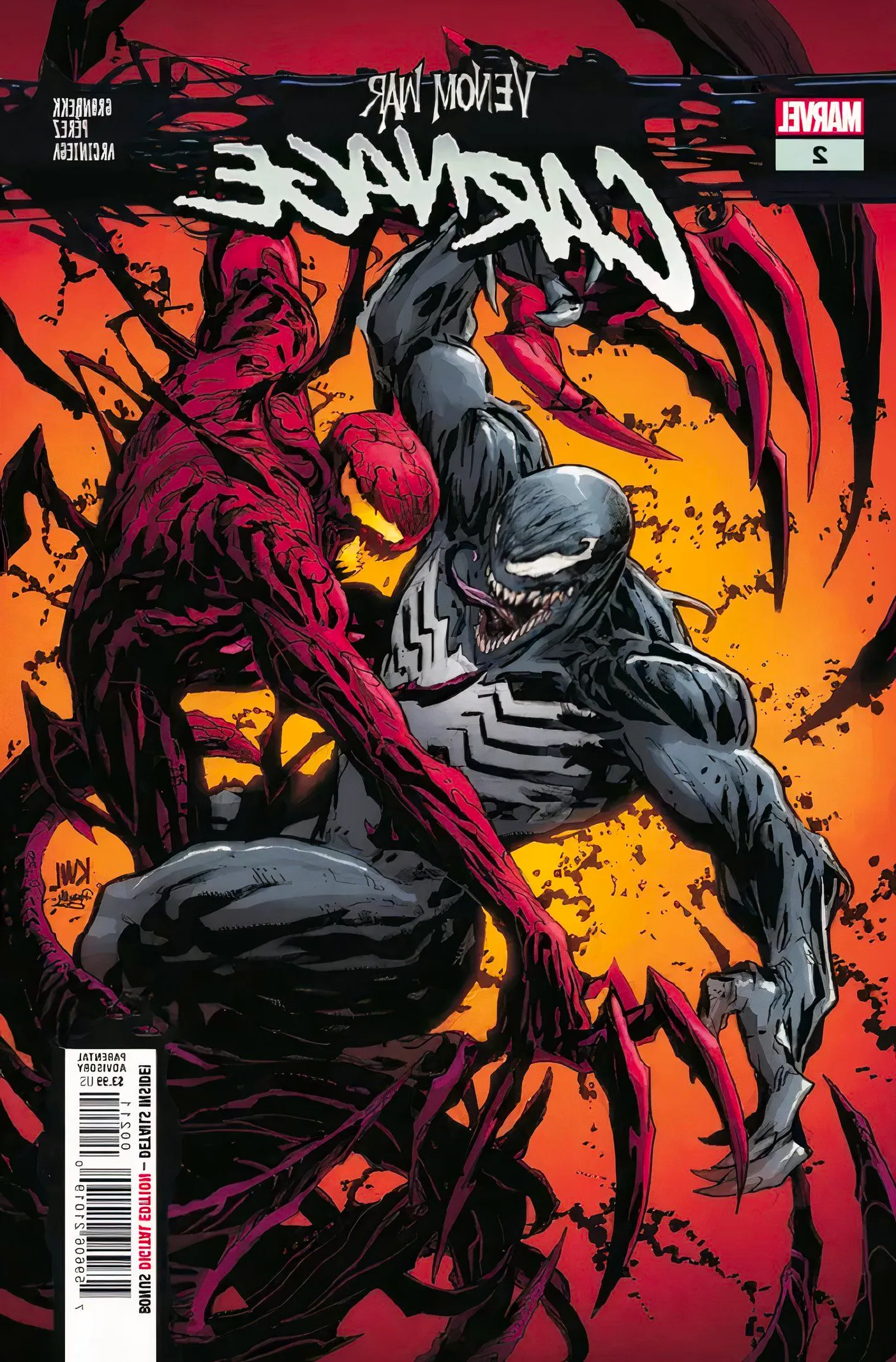 Venom War Carnage #2 cover, Carnage grappling with a version of Venom. Image