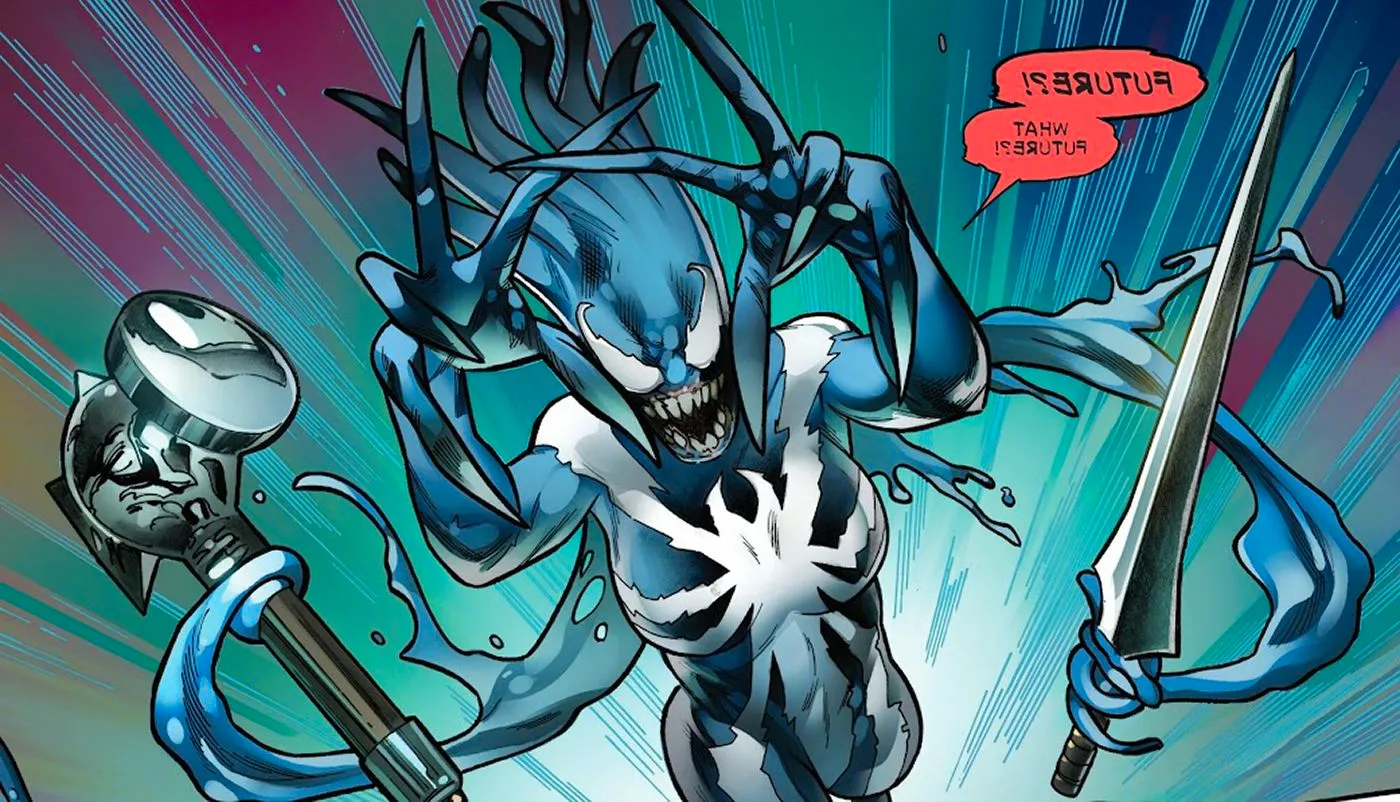 Venom War: Spider-Man #3: Arachniote/Spider-Woman attacks, wielding both a sword and Stormbreaker, shouting, 