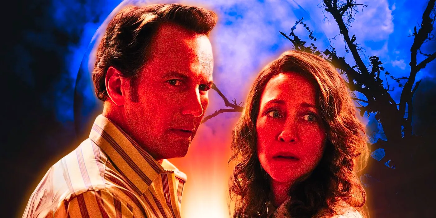 Vera Farmiga as Lorraine Warren and Patrick Wilson as Ed Warren in the Conjuring in front of a purple moon background Image