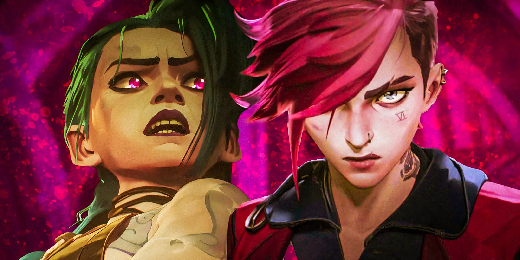 Vi and Jinx from Arcane against a purple background Image