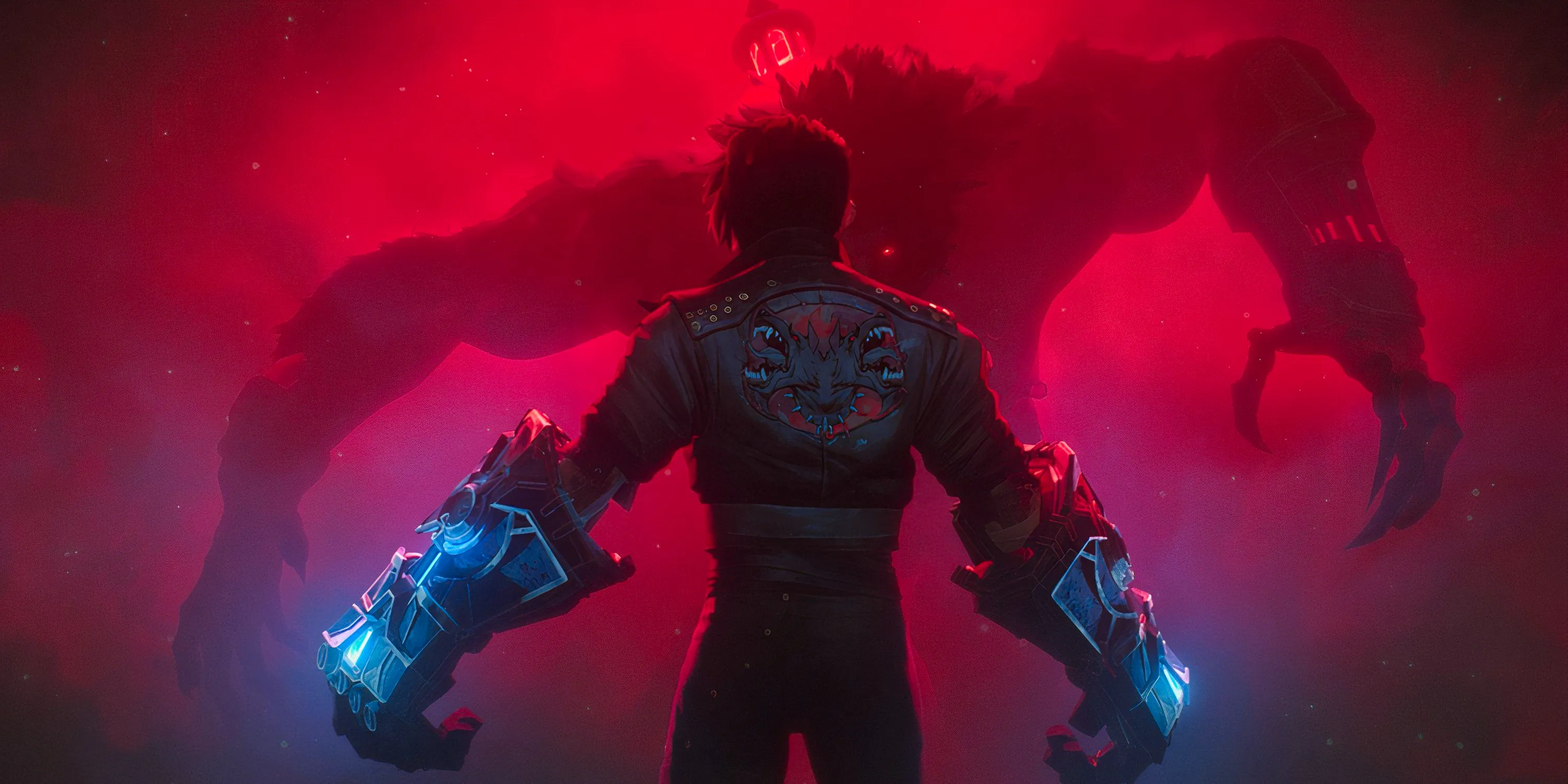 Vi standing with her gauntlets ready in front of Warwick in Arcane season 2 Image