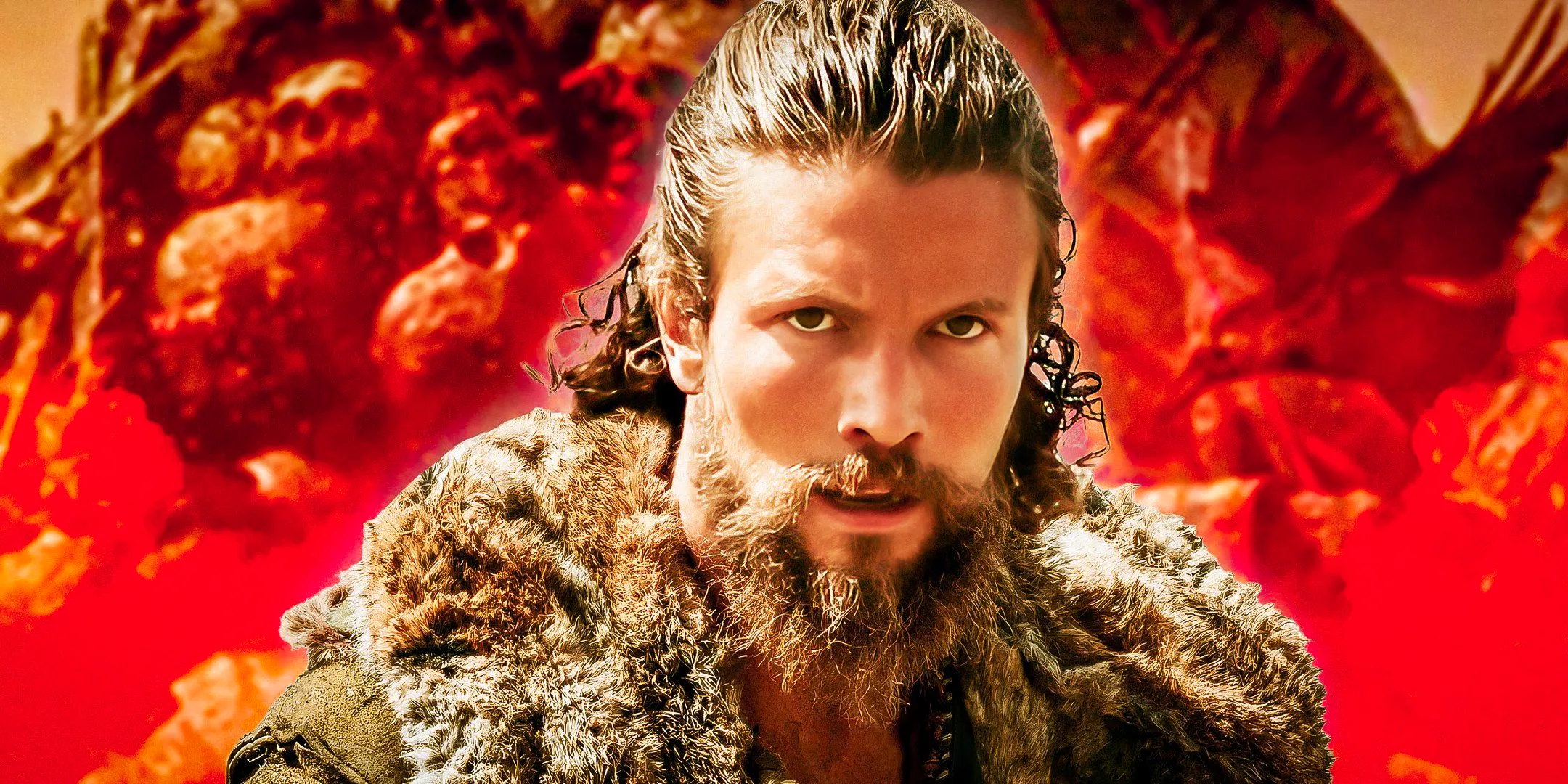 Vikings Valhalla Leo Suter as Harald with flames in the background Image