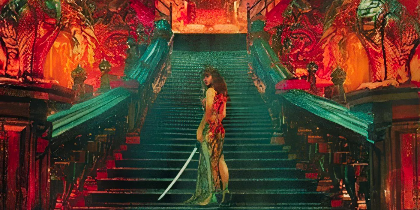 Vilest Things Cover featuring a woman standing on a staircase with a sword in her hand Image