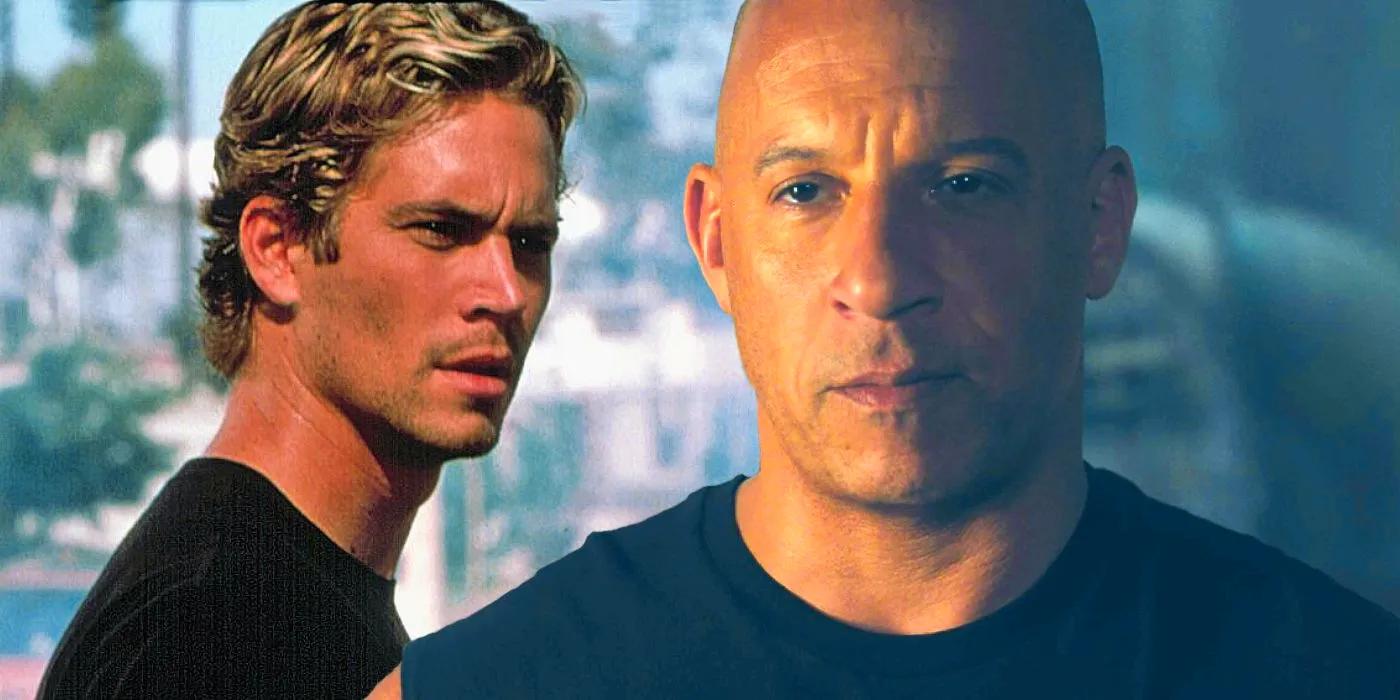 Vin Diesel as Dominic Toretto in F9 and Paul Walker as Brian O'Conner in The Fast and the Furious 2001 Image