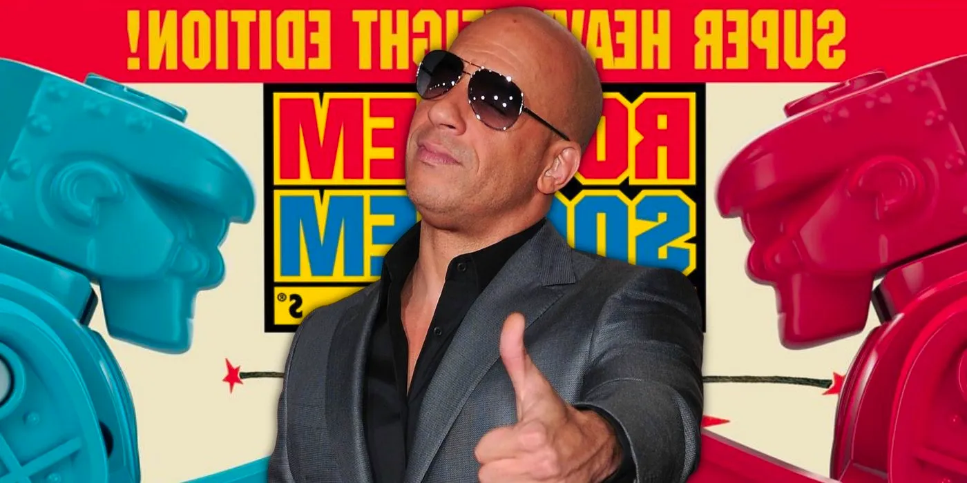 Vin Diesel giving a thumbs up in front of the box art for Rock Em Sock Em Robots Super Heavyweight Edition Image