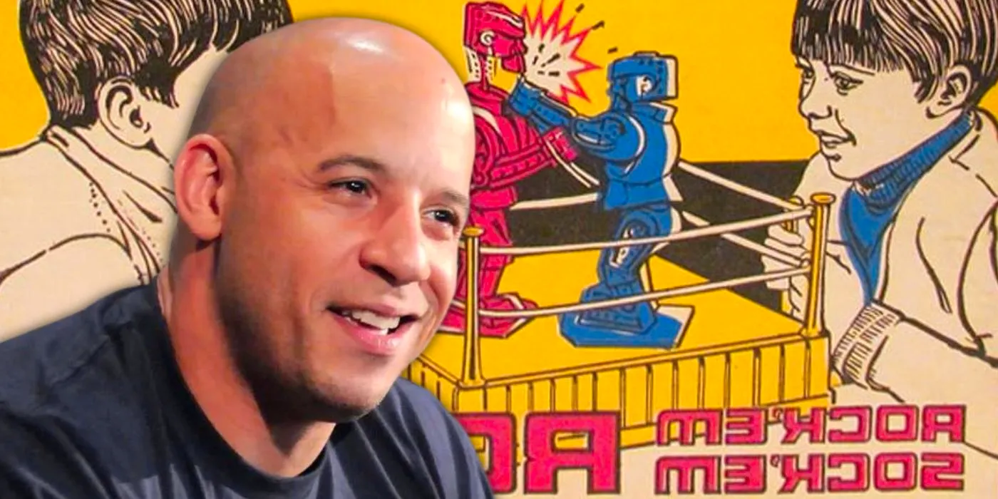 Vin Diesel superimposed over vintage Rock Em Sock Em Robots box art. Image