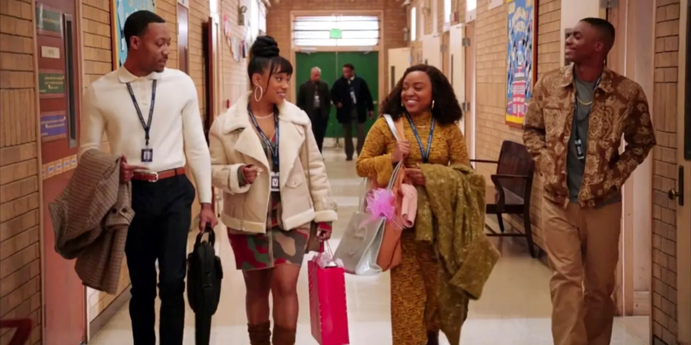 Vince Staples as Maurice, Quinta Brunson as Janine Teagues, Naté Jones as Amber, and Tyler James Williams as Gregory Eddie walk down the hall together in Abbott Elementary season 2, episode 14. Image