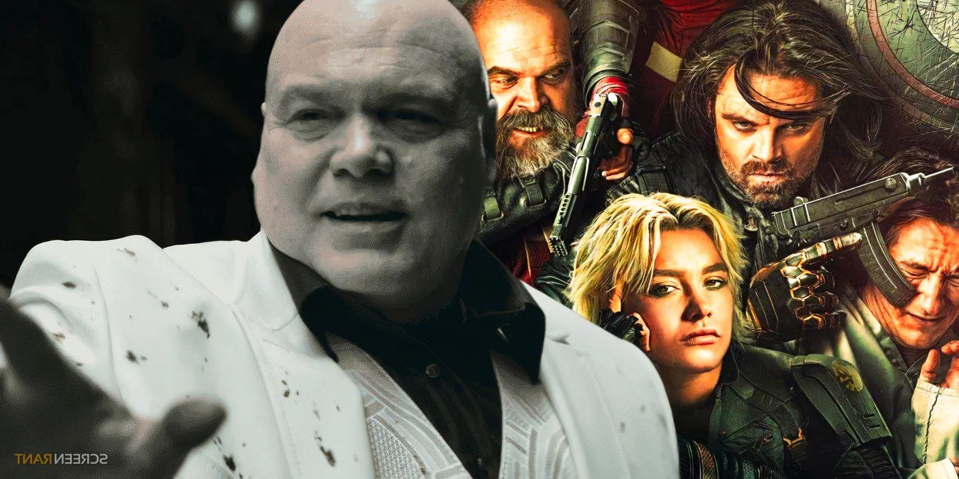 Vincent D'Onofrio's Kingpin in black and white and a Thunderbolts* poster of the team in color Image