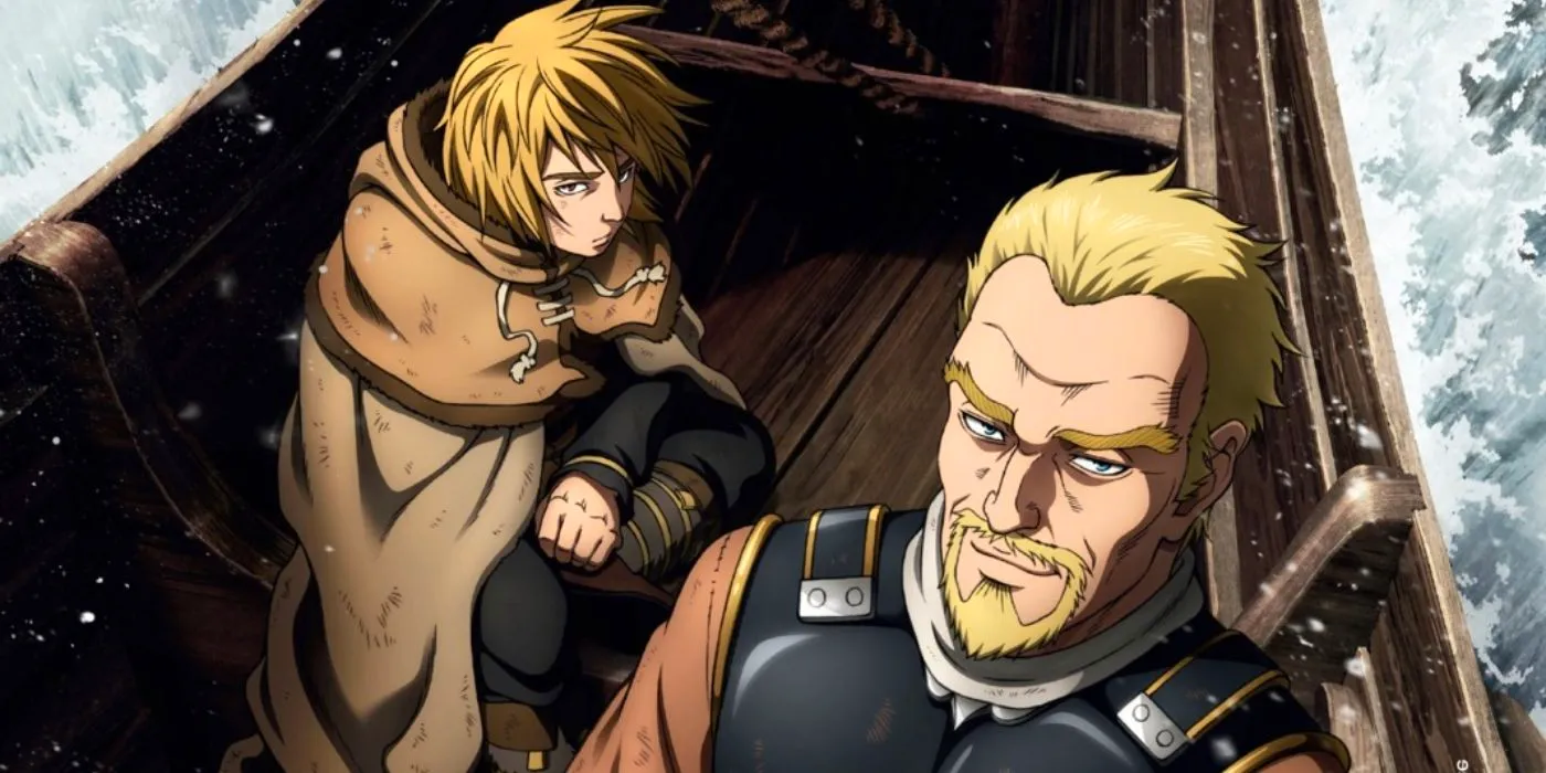 Vinland Saga's Thorfinn and Askeladd on a boat with water breaking around them. Image