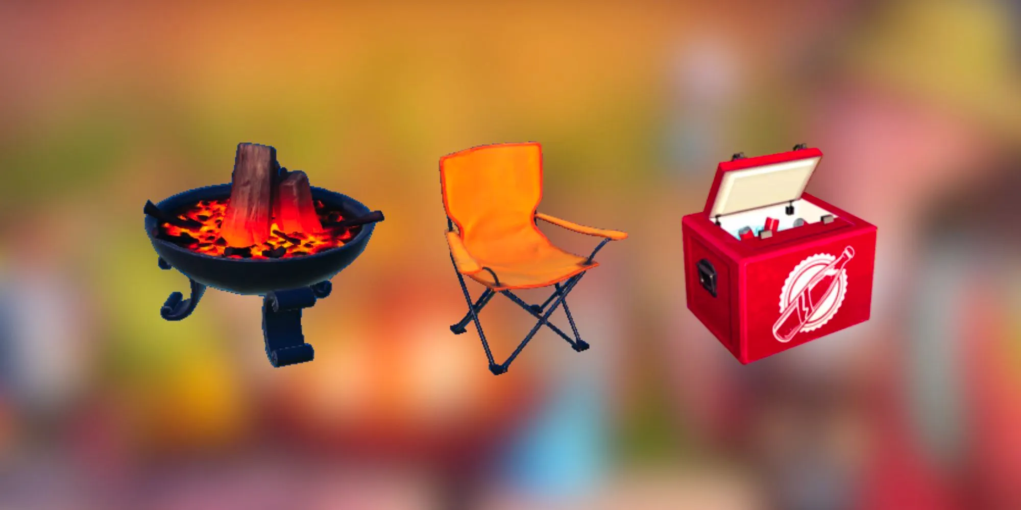 Vintage Cooler, Outdoor Lounge Chair, and Bonfire Pit in Dreamlight Valley. Image