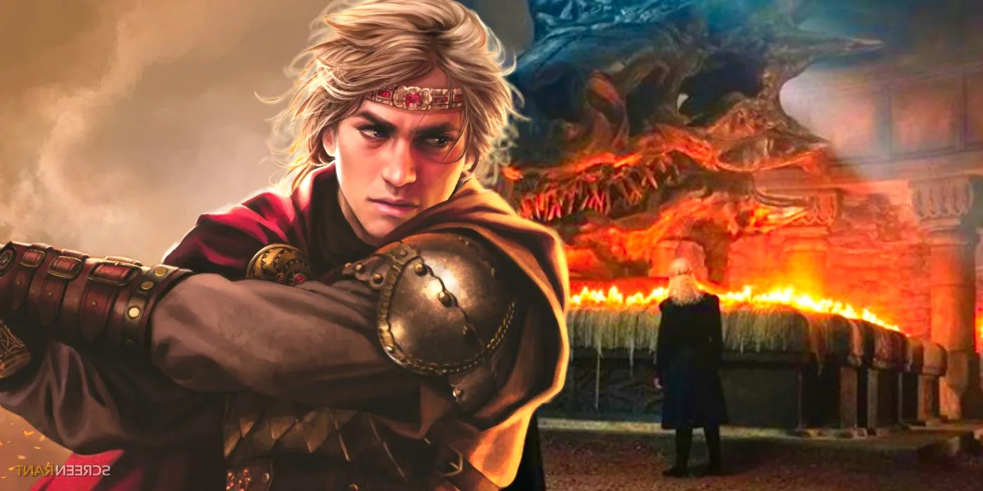 Viserys and Balerion skull in House of the Dragon and Aegon the Conqueror in The World of Ice and Fire Image