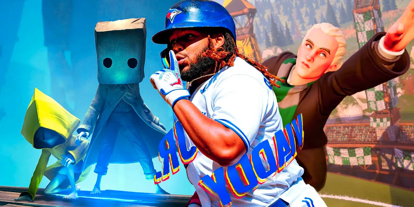 Vladimir Guerrero Jr. from the cover of MLB The Show 24 in front of Draco Malfoy in Harry Potter: Quidditch Champions, and Mono and Six from Little Nightmares 2. Image