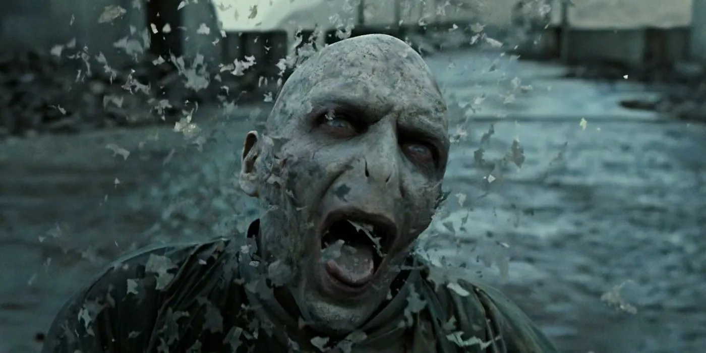 Voldemort dying at the Battle of Hogwarts in Harry Potter and the Deathly Hallows - Part 2. Image