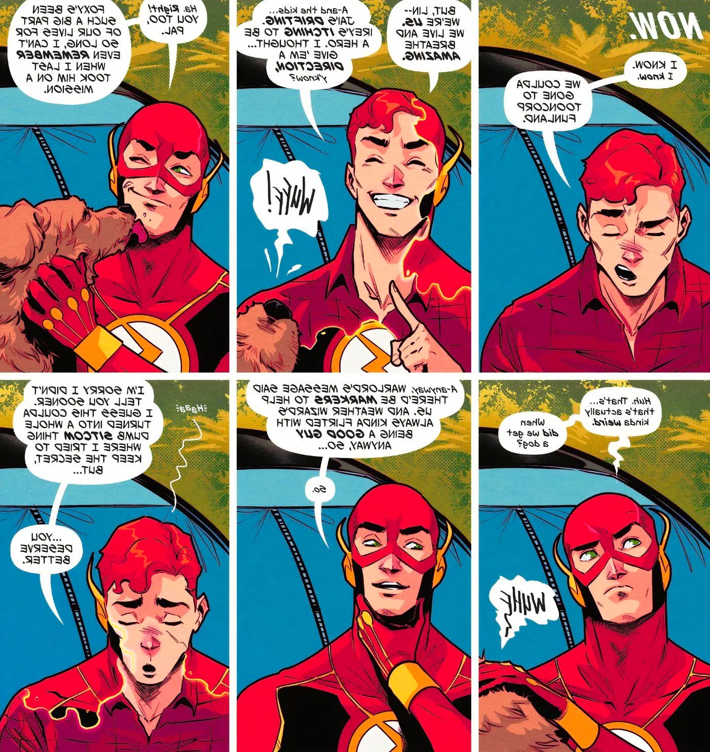 Wally West is talking to Linda when Foxy, his dog, jumps up and greets him. Wally comments on how Foxy has been a part of his life for so long, then says, 