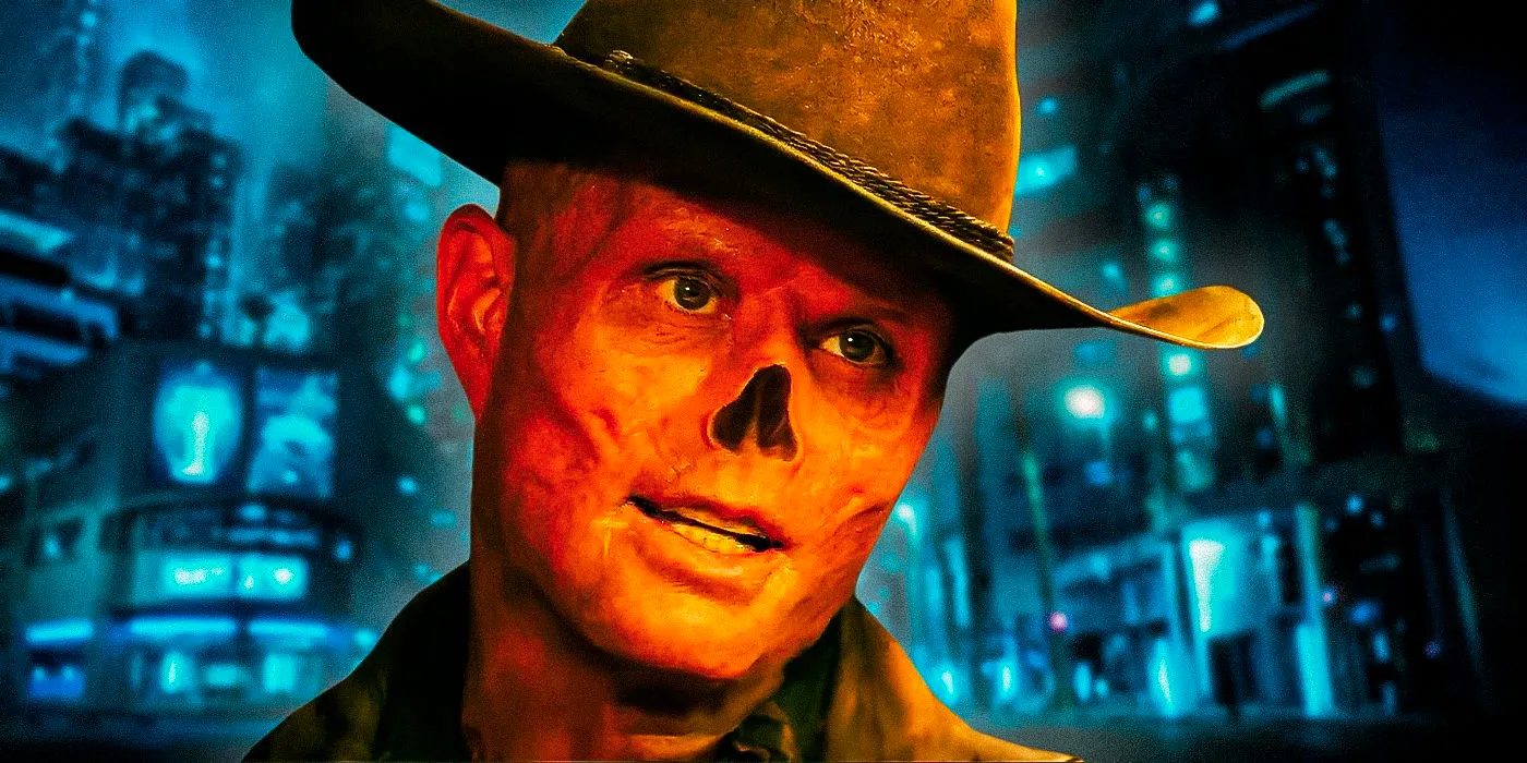 Walton Goggins as The Ghoul looking smug in Fallout with a city in the background Image