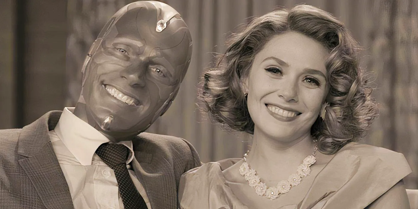 Wanda Maximoff and Vision smiling in black and white in WandaVision Image