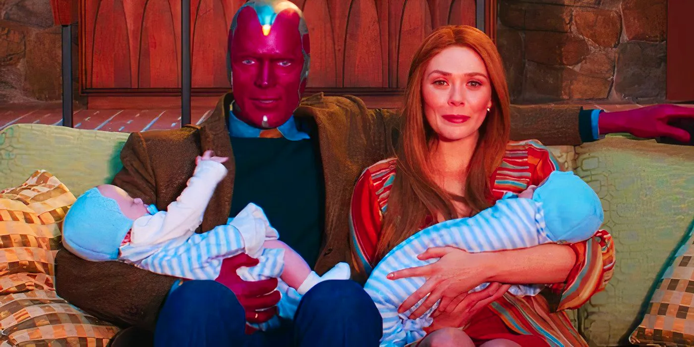 Wanda Maximoff and Vision with baby Billy and Tommy in WandaVision Image