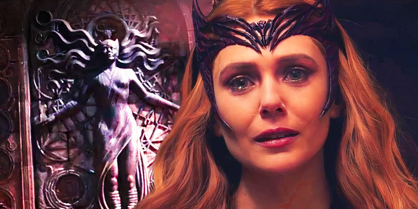 Wanda Maximoff in Doctor Strange in the Multiverse of Madness with the statue of the Scarlet Witch Image