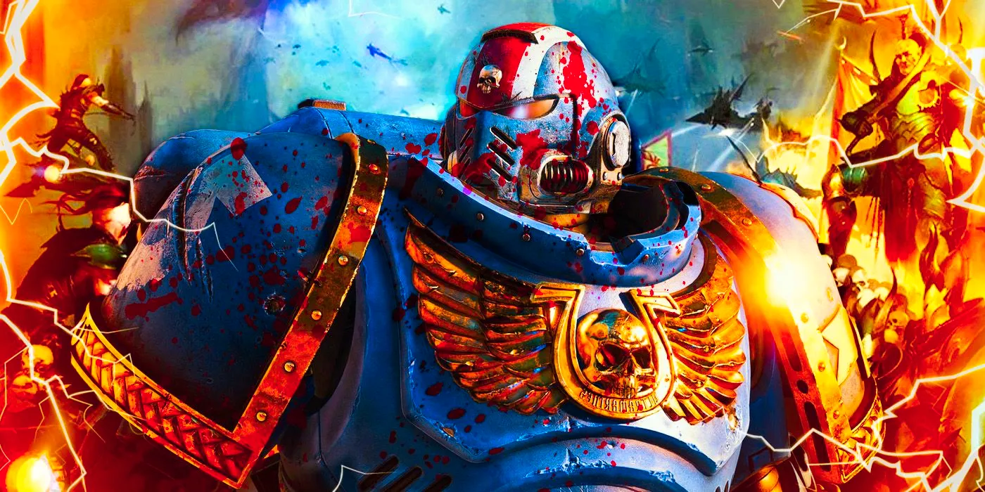 Warhammer 40K Space Marine character with blood and Xenos surrounding him Image