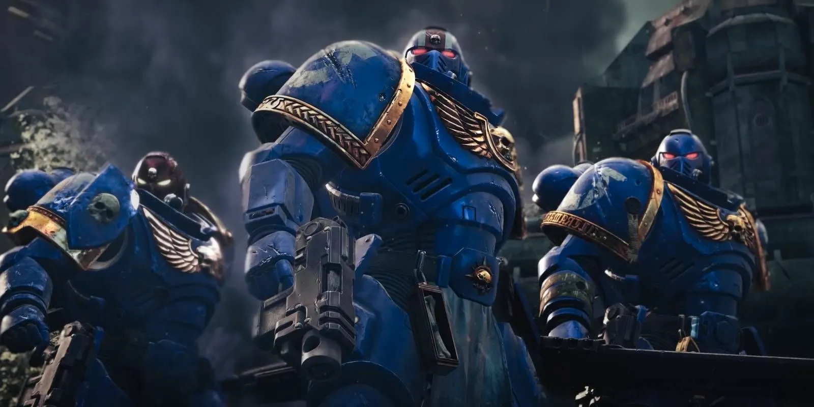 Warhammer Space Marine 2 shot of three Space Marine soldiers united together Image