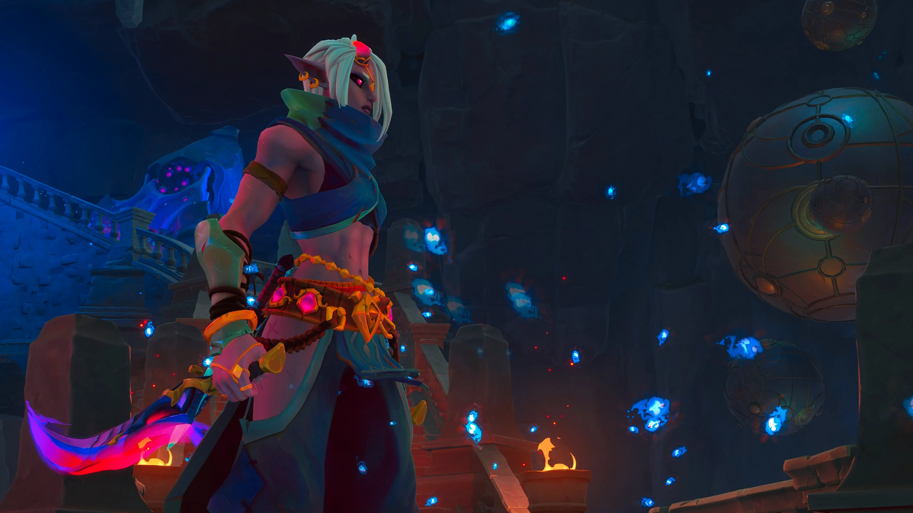 Wayfinder character holding a large curved blade with a bejeweled belt and head piece. Image