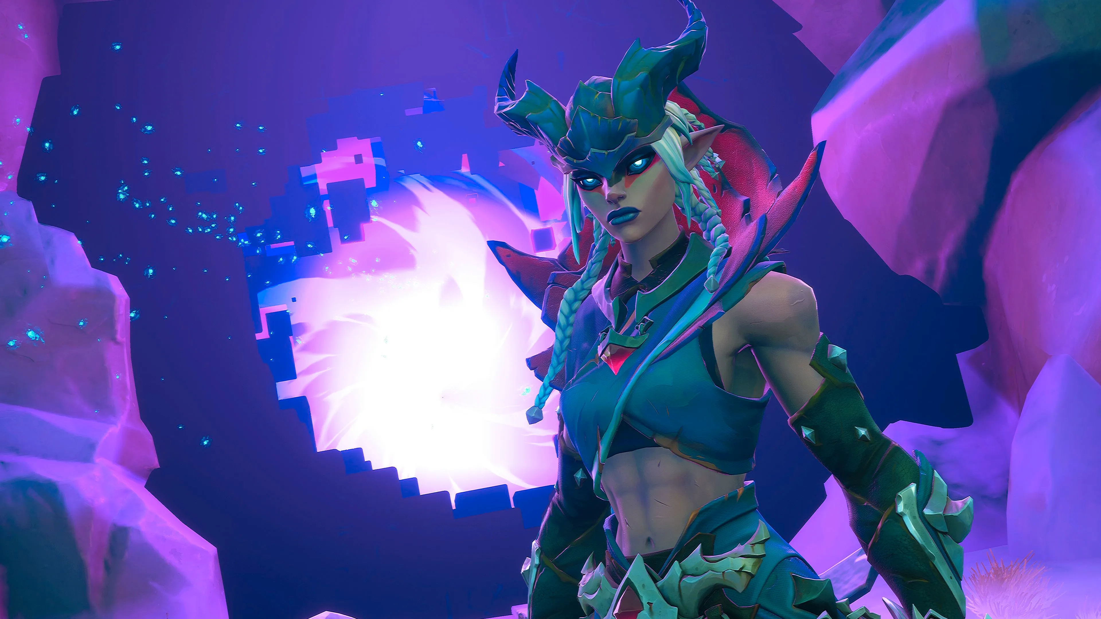 Wayfinder horned female character with glowing blue eyes and braids with a purple sky behind her. Image